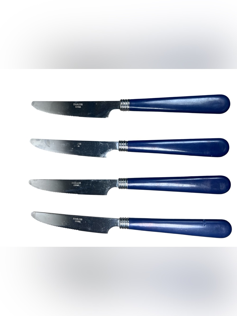 Gibson VTG Blue Plastic Handle 4 Dinner / Butter Knife Stainless Flatware Retro